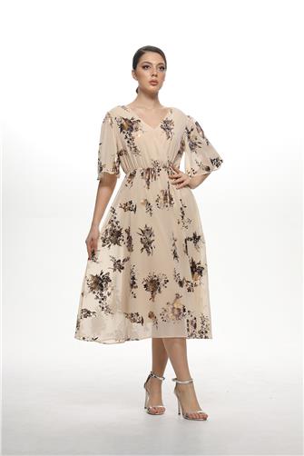 3029 Varak Desenli Elbise - Bej