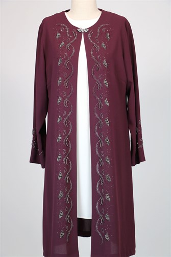 3502 Önü Ve Kolu Taş İşlemeli İkili Takım - Mürdüm