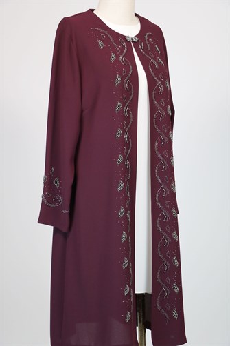 3502 Önü Ve Kolu Taş İşlemeli İkili Takım - Mürdüm