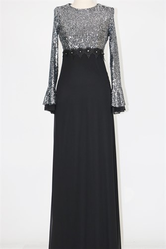 37283 Şifonlu Zara Payet Elbise - Siyah