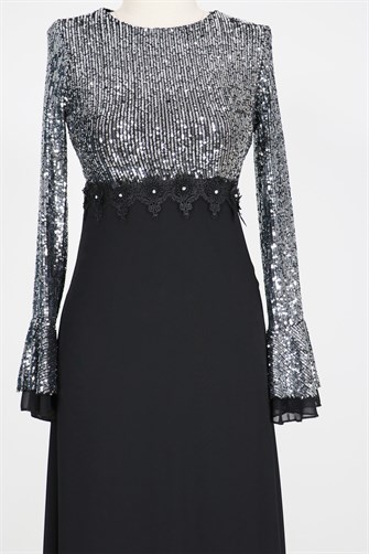 37283 Şifonlu Zara Payet Elbise - Siyah