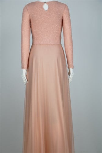 38035 Beli Dantel Şeritli Uzun Kol U.Elbise - Yavruağzı