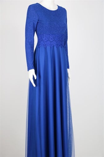 38035 Beli Dantel Şeritli Uzun Kol U.Elbise - Saks Mavi