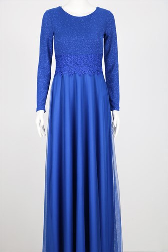 38035 Beli Dantel Şeritli Uzun Kol U.Elbise - Saks Mavi