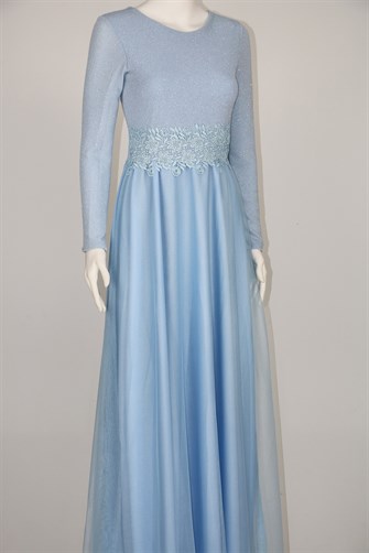 38035 Beli Dantel Şeritli Uzun Kol U.Elbise - Bebe Mavi