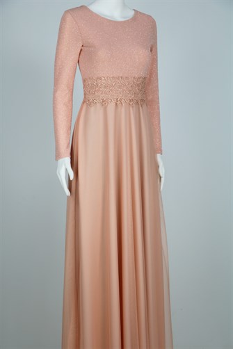 38035 Beli Dantel Şeritli Uzun Kol U.Elbise - Yavruağzı