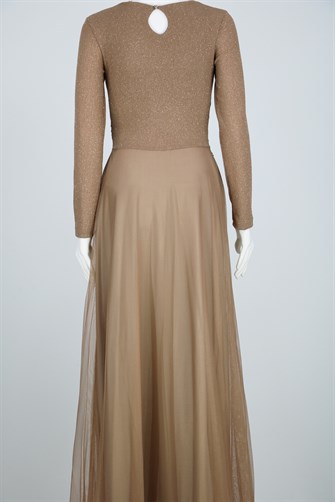 38035 Beli Dantel Şeritli Uzun Kol U.Elbise - Camel