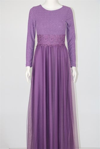 38035 Beli Dantel Şeritli Uzun Kol U.Elbise - Lila