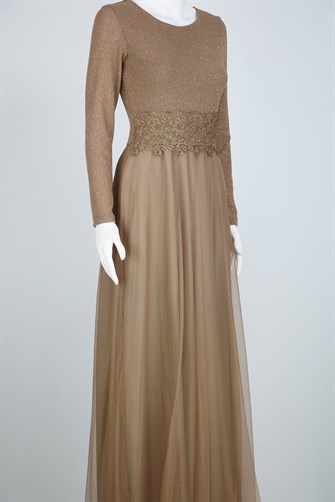 38035 Beli Dantel Şeritli Uzun Kol U.Elbise - Camel