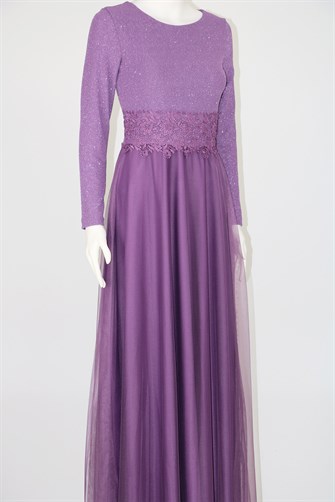 38035 Beli Dantel Şeritli Uzun Kol U.Elbise - Lila