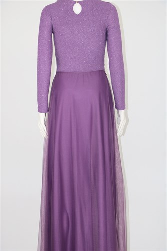 38035 Beli Dantel Şeritli Uzun Kol U.Elbise - Lila