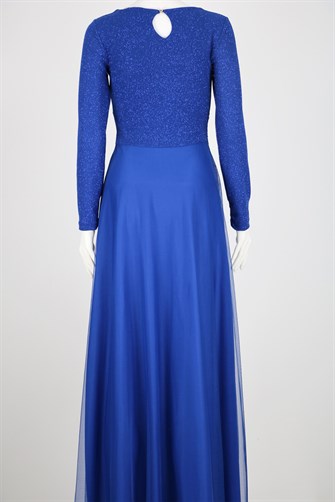 38035 Beli Dantel Şeritli Uzun Kol U.Elbise - Saks Mavi