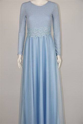 38035 Beli Dantel Şeritli Uzun Kol U.Elbise - Bebe Mavi