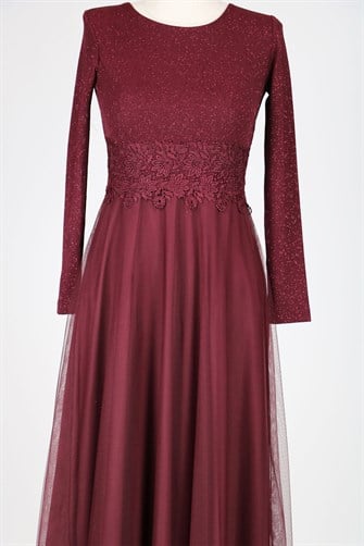 38035 Beli Dantelli Üstü Simli Tül Elbise - Bordo