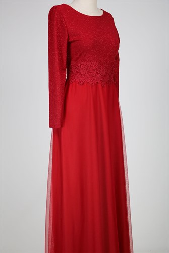 38035 Beli Dantelli Üstü Simli Tül Elbise - Kırmızı