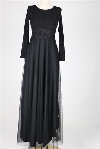 38035 Beli Dantelli Üstü Simli Tül Elbise - Siyah