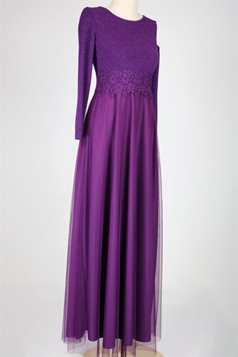 38035 Beli Dantelli Üstü Simli Tül Elbise - Mor