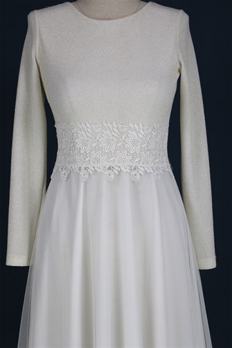 38035 Beli Dantelli Üstü Simli Tül Elbise - Krem