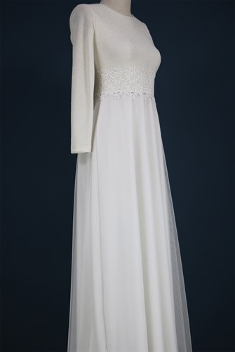 38035 Beli Dantelli Üstü Simli Tül Elbise - Krem