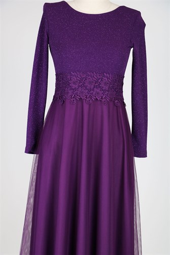 38035 Beli Dantelli Üstü Simli Tül Elbise - Mor