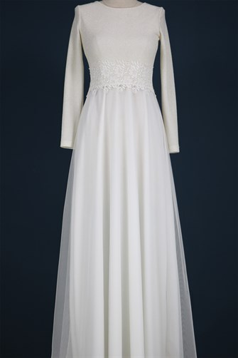 38035 Beli Dantelli Üstü Simli Tül Elbise - Krem