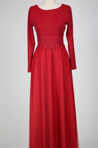 38035 Beli Dantelli Üstü Simli Tül Elbise - Kırmızı