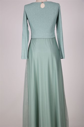 38035 Beli Dantelli Üstü Simli Tül Elbise - Su Yeşili