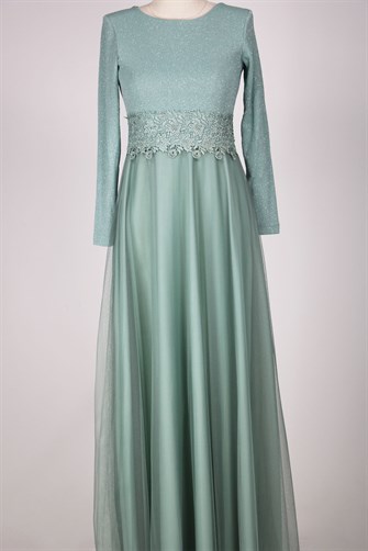 38035 Beli Dantelli Üstü Simli Tül Elbise - Su Yeşili