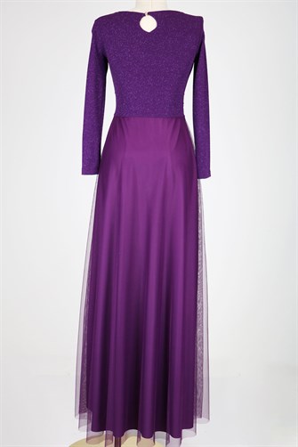 38035 Beli Dantelli Üstü Simli Tül Elbise - Mor