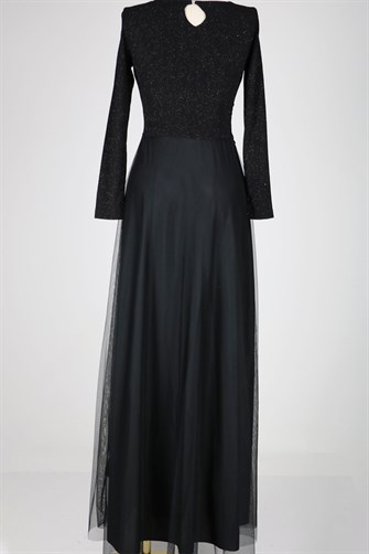 38035 Beli Dantelli Üstü Simli Tül Elbise - Siyah