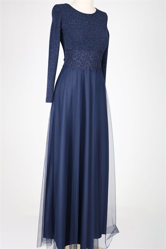 38035 Beli Dantelli Üstü Simli Tül Elbise - Lacivert