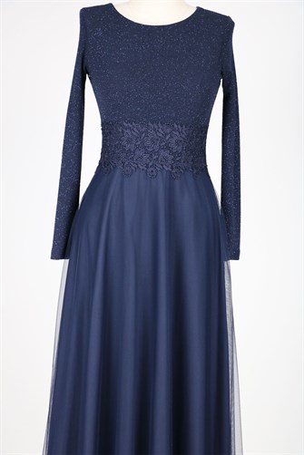 38035 Beli Dantelli Üstü Simli Tül Elbise - Lacivert