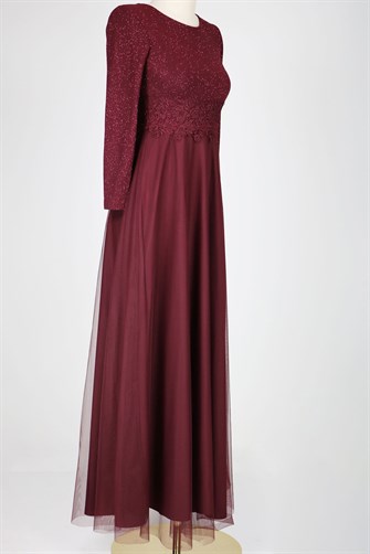 38035 Beli Dantelli Üstü Simli Tül Elbise - Bordo