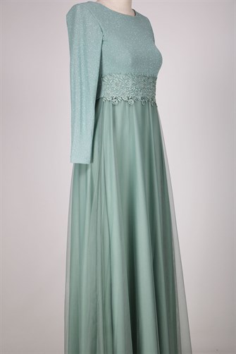 38035 Beli Dantelli Üstü Simli Tül Elbise - Su Yeşili