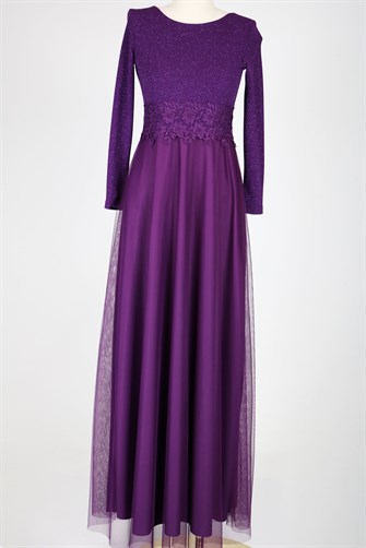 38035 Beli Dantelli Üstü Simli Tül Elbise - Mor