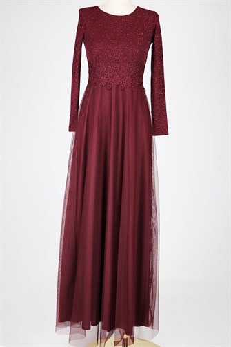38035 Beli Dantelli Üstü Simli Tül Elbise - Bordo