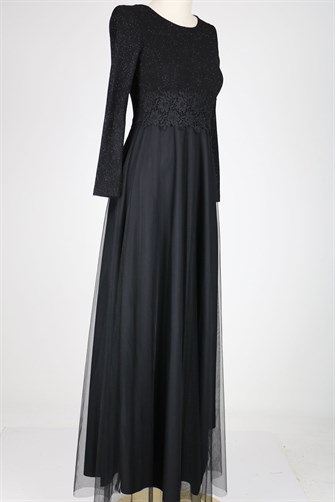 38035 Beli Dantelli Üstü Simli Tül Elbise - Siyah