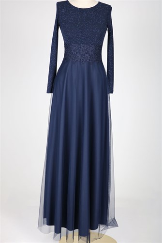 38035 Beli Dantelli Üstü Simli Tül Elbise - Lacivert