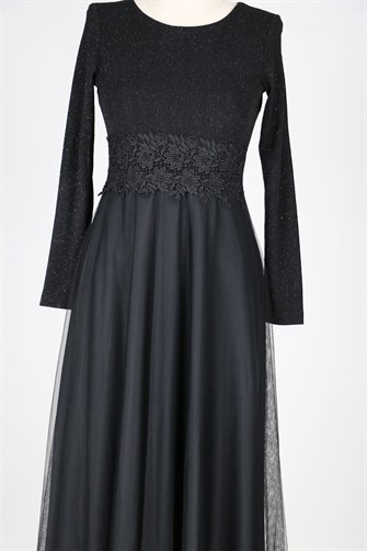 38035 Beli Dantelli Üstü Simli Tül Elbise - Siyah