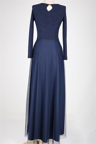 38035 Beli Dantelli Üstü Simli Tül Elbise - Lacivert
