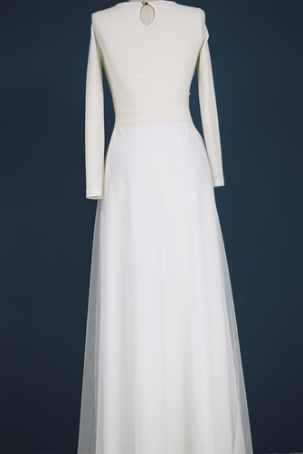 38035 Beli Dantelli Üstü Simli Tül Elbise - Krem