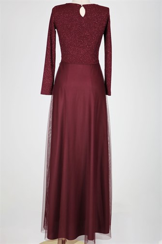 38035 Beli Dantelli Üstü Simli Tül Elbise - Bordo