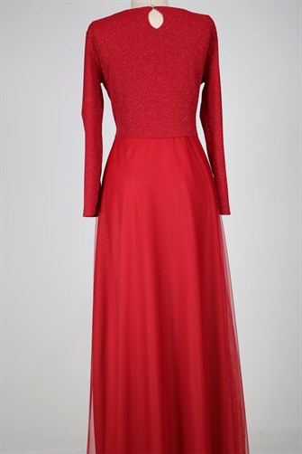 38048 Beli Dantelli Üstü Simli Tül Elbise - Kırmızı