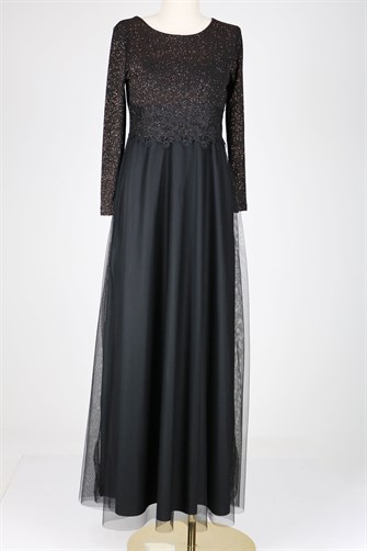 38048 Beli Dantelli Üstü Simli Tül Elbise - Siyah