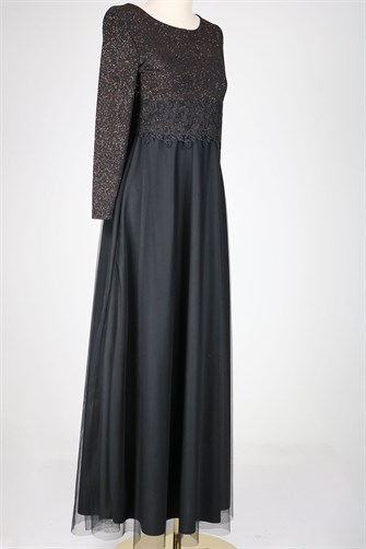 38048 Beli Dantelli Üstü Simli Tül Elbise - Siyah