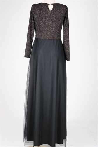 38048 Beli Dantelli Üstü Simli Tül Elbise - Siyah