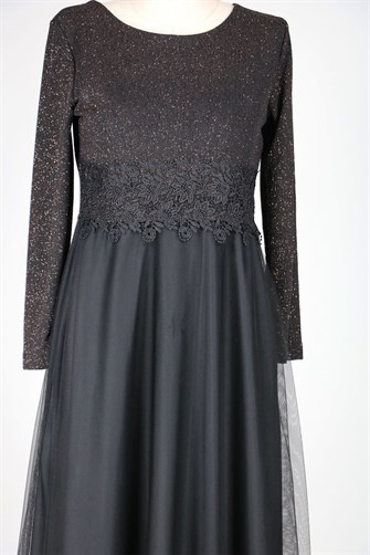 38048 Beli Dantelli Üstü Simli Tül Elbise - Siyah