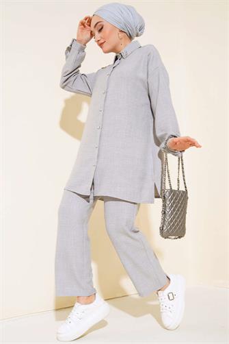3807 Yakası Taşlı Düğmeli Keten İkili Takım - Gri