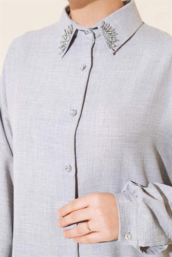 3807 Yakası Taşlı Düğmeli Keten İkili Takım - Gri