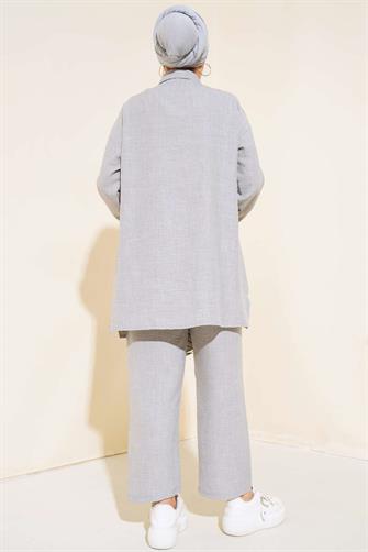 3807 Yakası Taşlı Düğmeli Keten İkili Takım - Gri